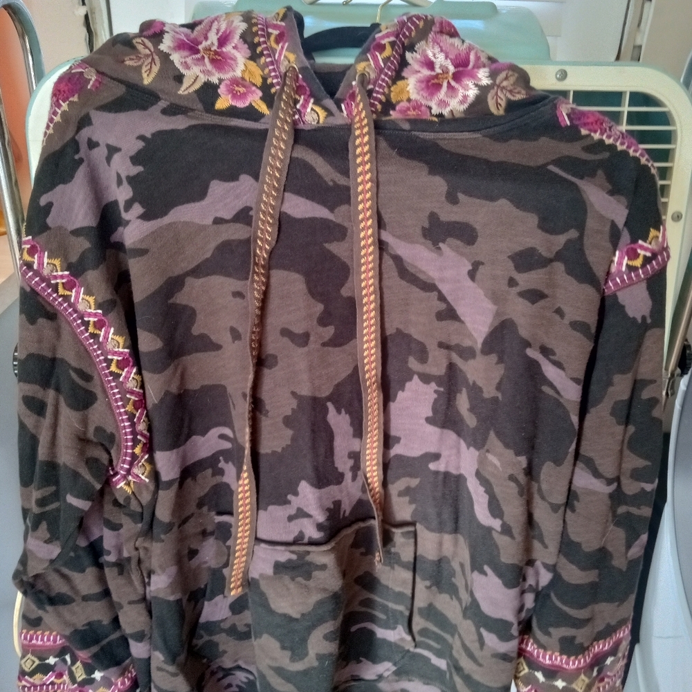 Johnny Was Camouflage Hoodie with Pink Floral Embroidery